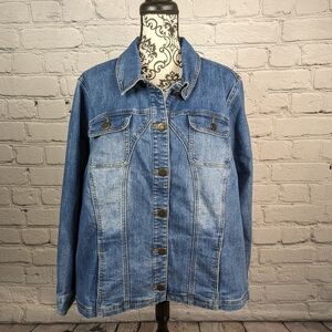 CJ Banks women's long sleeve button front blue jean stretch jacket size 3x bb03
